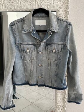 Re/Done Distressed Faded Light Blue Cropped Denim Jacket